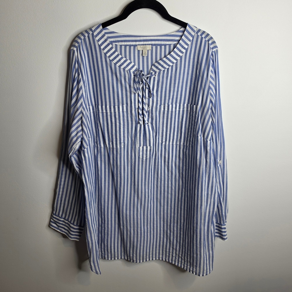 Talbots Striped Tunic Top Women 1X Blue White Nautical Roll Tab Sleeve Lace Up